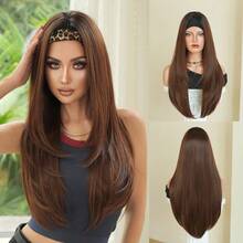7JHH WIGS Glueless Extra Long Straight Brown Headband Wig For Women 30 Inch Layered Half Wigs Synthetic Heat Resistant Fiber Hair Band Wig For Daily Wear, Quick Styling, Beginner Friendly Put On And Go - 棕色 - 查看 10