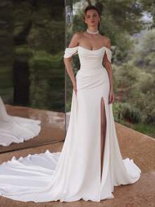 Sexy Off-Shoulder Ruched Satin Mermaid Wedding Dress With High Slit & Detachable Train, Wedding Dresses For Bride, Elegant And Comfortable, Includes Plus Sizes, Bridal Gown, Formal Dresses For Women, Suitable For Wedding, Party, Vacation, Bride, Formal Occasions, Dinner Dress, Prom Dress, After-Party Dress, Homecoming Dress, Cocktail Party, Birthday Party, Celebration, Gala, Festival, Ceremony - 白色 - 查看 3