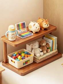 1pc Cute INS Style Kids Desk Storage Rack, Wooden Multi-Layer Organizer Shelf, Baby Toy & Book Storage Display Stand - Khaki - View 2