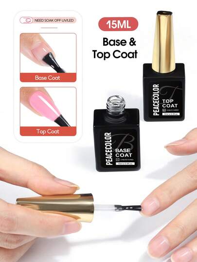 peacecolor 2 piezas Juego de Base y Top Coat de 15ml, Gel funcional para curado con UV/LED, apto para salones de uñas y uso doméstico