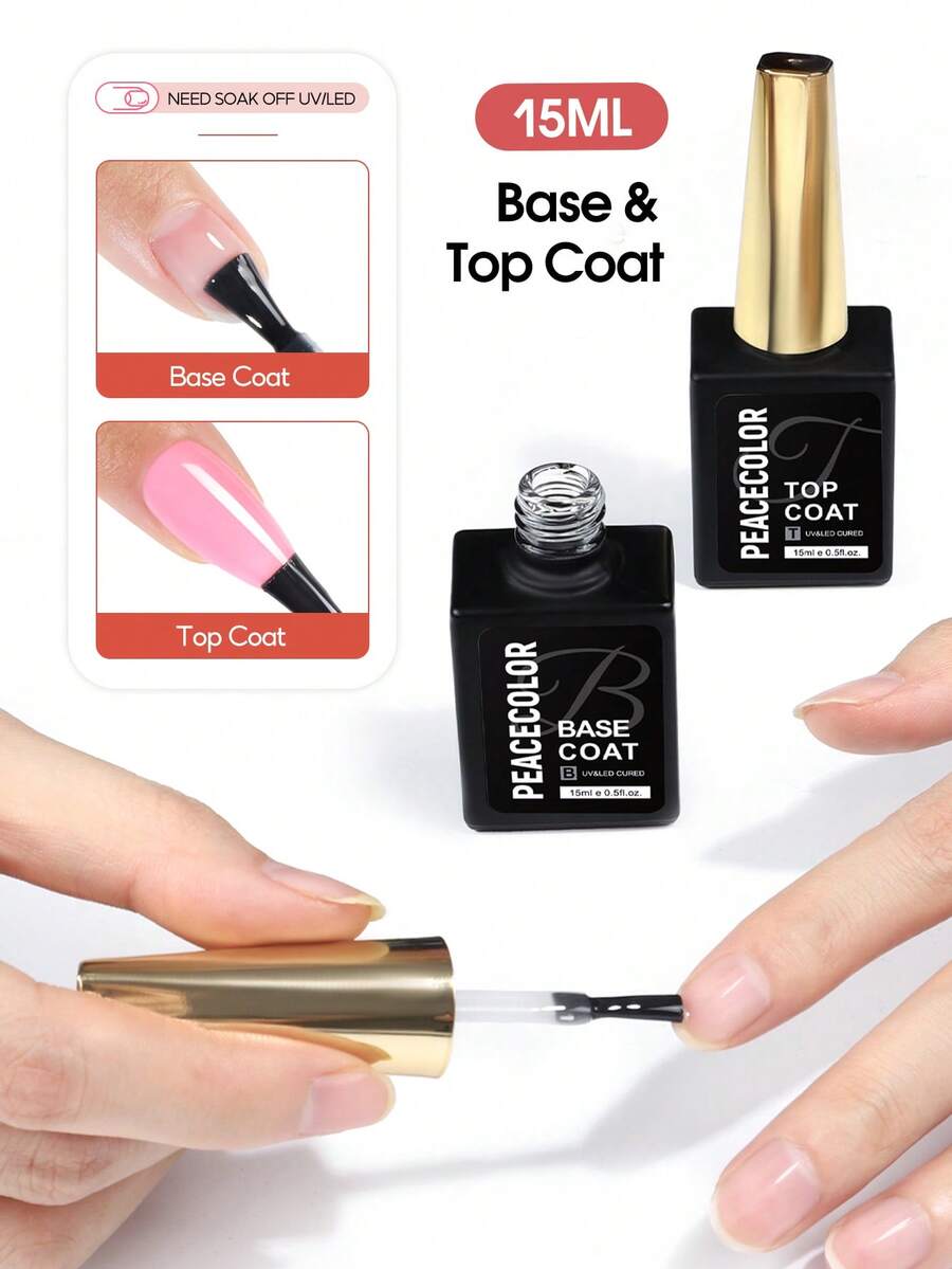 peacecolor 2pcs 15ml Base Coat And Top Coat Set, Functional Gel For UV/LED Curing, Suitable For Nail Salons And Home Use