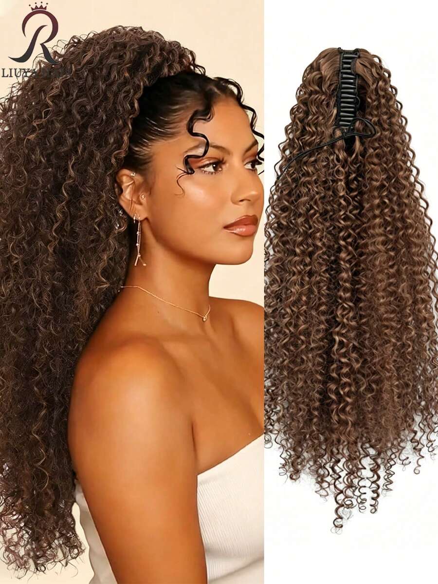 24 Inch Deep Brown Deep Wave Clip-In Ponytail Hair Extension - Heat Resistant Synthetic Fiber, Natural Curly Hair Styling Accessory, Suitable For Women's Daily Use, Daily Hairstyle Styling Accessory, Voluminous Curly Heat Resistant Fiber Wig