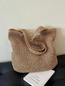 Minimalist Straw Bag Double Handle Vacation Large Capacity Beach Bag, Beach Purse, Perfect For Summer, Vacation & Daily Use, Travel Must Haves - 卡其色 - 查看 3