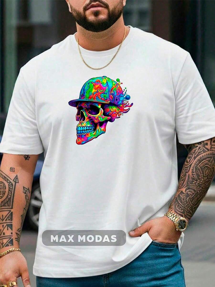 Stylish Modern Men's Plus Size Streetwear T-Shirt With Colorful Skull Print, Crew Neck, 100% Cotton, Comfortable Breathable Fabric, Suitable For Gym Or Casual Wear (Sizes G1, G2, G3, G4, G5) - 白色 - 查看 1