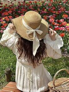 1 pièce Chapeau de paille, chapeau de plage avec nœud papillon, chapeau de soleil à large bord, chapeau de pêcheur en paille à bord épais, chapeau de voyage d'été, chapeau de plage anti-UV, chapeau de vacances pliable, casquette décontractée pour l'extérieur, accessoire de voyage pour les vacances, convient pour les vacances à la plage d'été, les fêtes de remise des diplômes, le camping à la plage et autres occasions extérieures quotidiennes - Multicolore - Voir 3