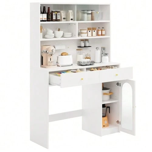 Kitchen Unit With Countertop, Sideboard And Tall Cabinet, Integrated Bar, With Clothes Hanging Rail, 2 Drawers, Adjustable Shelf And Open Storage Space, Kitchen And Dining Room Furniture In White. - White - View 1