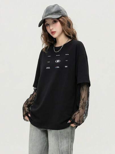 JUTU 2026 New Spring/Summer/Autumn Black Lace Splice Sleeve Women's Long Sleeve Top, 2 In 1, Minimalist Letter Print Graphic T-Shirt, Comfortable Versatile Charming Outfit For Holidays