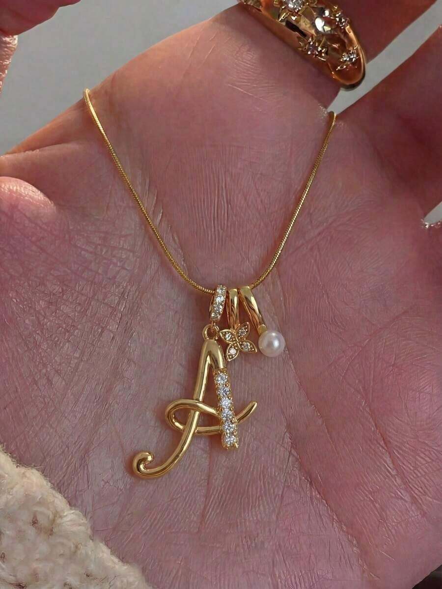 1pc Vintage Luxury Cubic Zirconia Personalized Handwritten Letter A-Z Clover Faux Pearl Pendant Necklace, 18K Gold Stainless Steel, Suitable For Women's Daily Wear, Also A Perfect Birthday/Valentine's Day Gift - 金色 - 查看 1