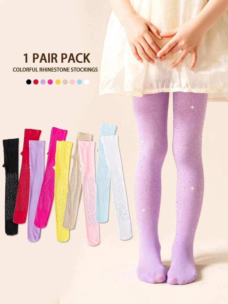 1pc Girls' Rhinestone Embellished Solid Color Tights, Suitable For All Seasons - Multicolor - View 1