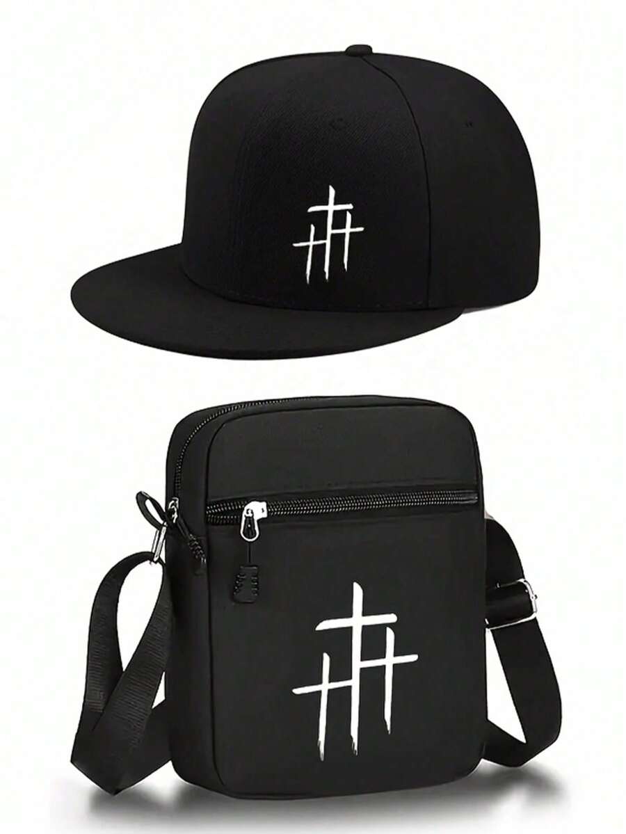 1 pezzo/2 pezzi Set di cappellino da baseball con stampa a croce e borsa a tracolla, stile streetwear, moda, cappellino con visiera piatta e borsa a spalla per sport all'aperto, regolabile, regalo per amici e anniversari - Multicolore - Visualizzare 1