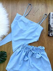 ELLIE Women's Set In Crepe Fabric Consisting Of A Cropped Top With Tie Closure And Lined Shorts. - đơn sắc xanh - Xem 2