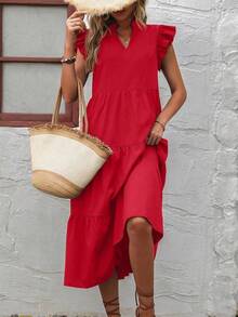 Vestido de esmoquin con cuello en pico y ribete de volantes para ropa de Año Nuevo, vestidos largos para vacaciones y atuendos de playa para mujeres - Rojo - Ver 5