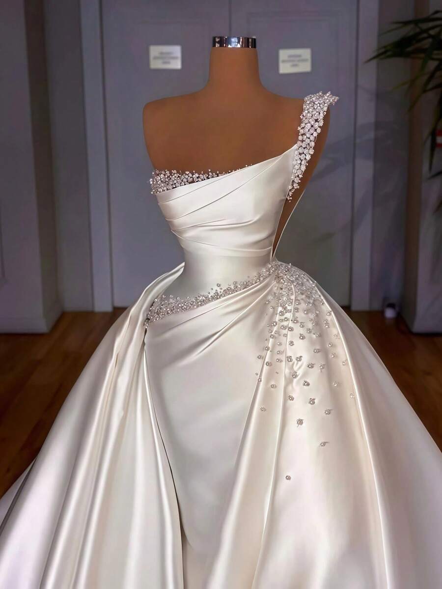 Elegant Sexy One Shoulder Pleat A Line Satin Wedding Dress,Registry Office Dresses Bridal Gown,Evening Party Dress Birthday Party Dress Country Wedding,Romantic Church Ceremony Wedding Dress,Suitable For Wedding,Dating,Party,Singles' Party,Vacation,Formal Occasions,Dinner Dress,Prom Dress,Homecoming Dess,Cocktail Party,Wedding Guest Dress,Graduation - trắng - Xem 1