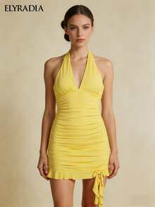 Women's Sleeveless Ruffle Hem Mini Party Dress, Yellow, Summer Skirt - Yellow - View 4