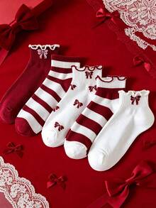 5 Pairs Women's Red Lace Bow Socks, Cute & Sweet Socks, Short Socks For Spring & Summer - Red - View 3