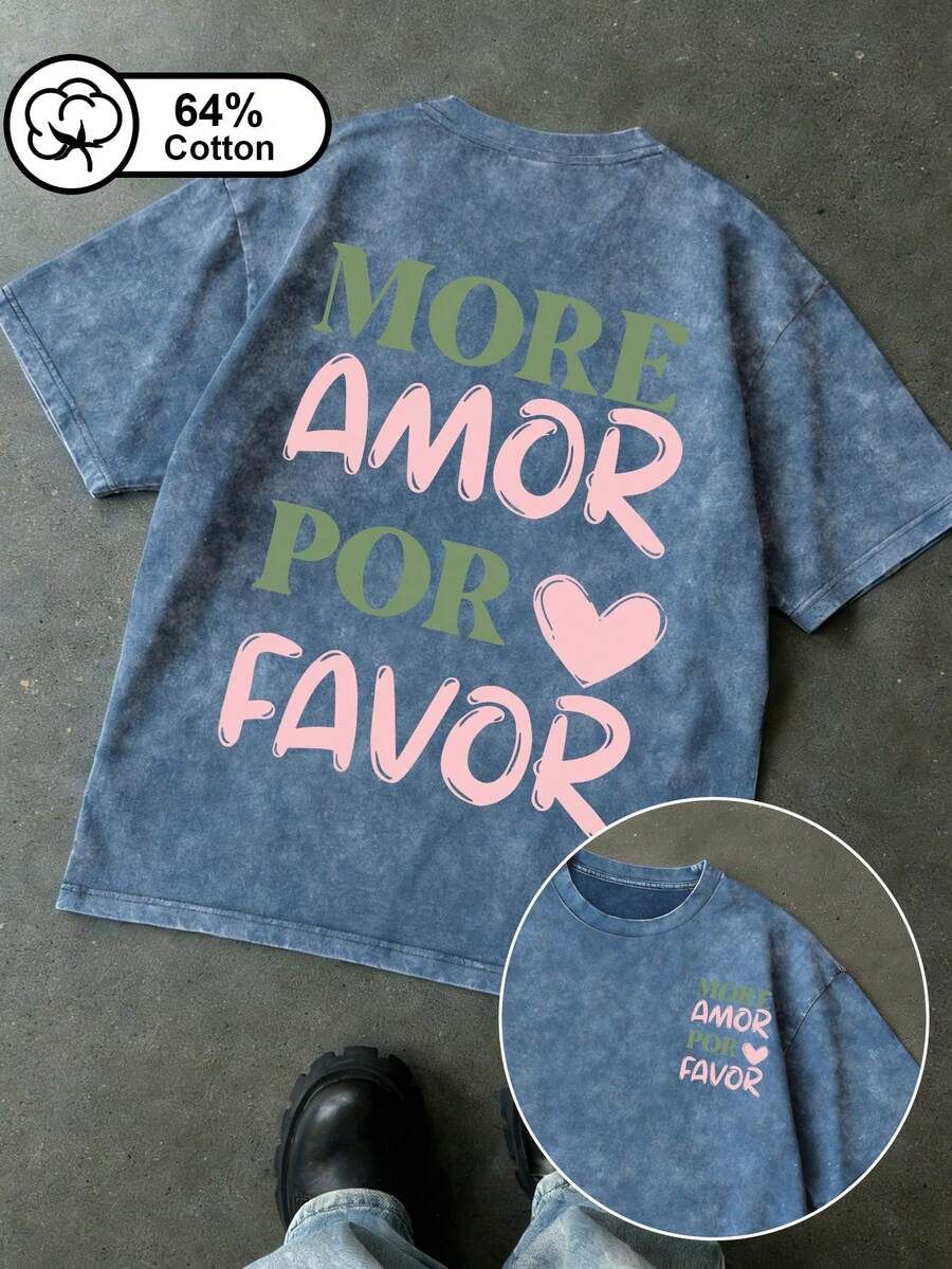 女士短袖T恤 - “MORE AMOR POR FAVOR”字母和爱心印花 - 复古水洗风格 - 适合户外穿着 - 女士夏季休闲上衣 - 藍色 - 查看 1
