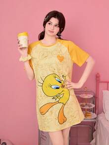 Noctvar OBM Sleepwear X LOONEY TUNES 撞色泰迪熊卡通图案短袖睡裙，柔软舒适，女士睡衣 - 彩色 - 查看 3
