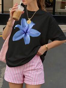 Camiseta negra con estampado de flor azul para mujer estilo casual verano - Negro - Ver 1