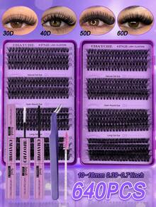 544/640/180 Clusters D Curl Reusable False Eyelash Book, Classic Eyelash Set With Glue, Brush, Tweezers, Suitable For Beginners, Soft Natural Segmented Eyelashes, Fluffy Mixed DIY Eyelashes, Easy For Daily Makeup Use, Gift For Her - Purple - View 19