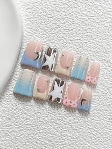 10Pcs Dreamy Girly Style Handmade Nail Art Set,Unghie Press On,Steel Ball Nail Art Accessories,Stars,Blue, Yellow And Pink Nail Polish,Includes Nail Tools,3 Sizes Available,Almond Nails , Duck Nails,Coffin Nails For Party, Dance, Daily Wear. - 彩色 - 查看 12