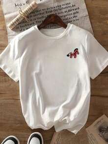 Solt 1pscCamiseta de manga corta con estampado de lazo, de corte holgado, casual de color rojo para primavera/verano100%cotton graphic - Blanco 4 - Ver 7