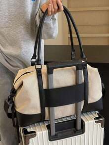 Color Block Travel Tote Bag, Large Capacity Handheld/Shoulder/Crossbody Duffel For Short Trips, Vacation, Gym, Beach & Back To School - 黑色 - 查看 5