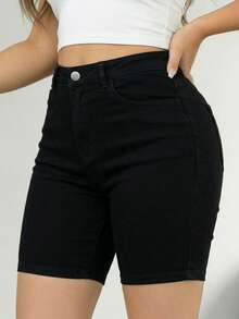 Celana Pendek Denim Slim Fit Kasual Nyaman dengan Pinggang Sedang, Desain Ukuran Besar dengan Saku, Warna Distressed Wash, Cocok untuk Musim Semi/Panas, Hitam - Hitam - View 8