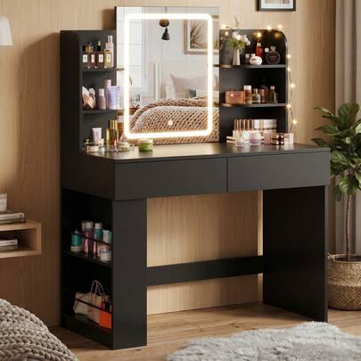  Devoko Dressing Table With LED Lighting, 3 Colors With Adjustable Brightness, Vanity Table With Mirror For Makeup, Cosmetic Table With Adjustable Shelves, 2 Drawers, Modern, Black