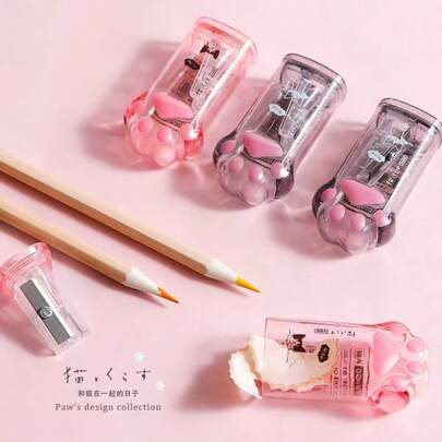 4pcs(1pc Random Pencil Sharpener+3pcs Random Pencils), Cat Paw Shape Pencil Sharpener, Cute Manual Rotary Sharpener Multi-Function Creative Acrylic Design, Portable Small Pencil Sharpener For Kids School Office Art Supplies Stationery Gift Back To School