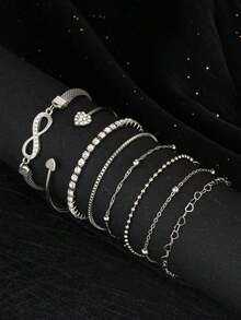 8pcs Bracelet Set, Beach-Inspired And Fashionable, Featuring Heart, Round Gem, Drop,, And Lucky Elements, Suitable Women's Daily Wear Or Night Out Party. Set Includes Bracelets And Bangles With Simple & Stylish Design, Decorated With Rhinestones And Heart-Shaped Charms. Any Occasion! Valentines,Mom,Mother,Mother's Day, - 主圖款 - 查看 2