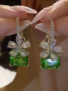 New Arrival Elegant Floral Design Earrings, Green Square Faux Crystal Decor, Luxury Lightweight Dangle Earrings - Multicolor - View 5