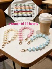 1pc Fashionable Acrylic Pink/Beige/Light Blue Heart Beaded Bracelet, Suitable For Phone Lanyard, Short Valentine's Day Heart-Shaped Beaded Phone Strap, Handbag Chain - Multicolor - View 1