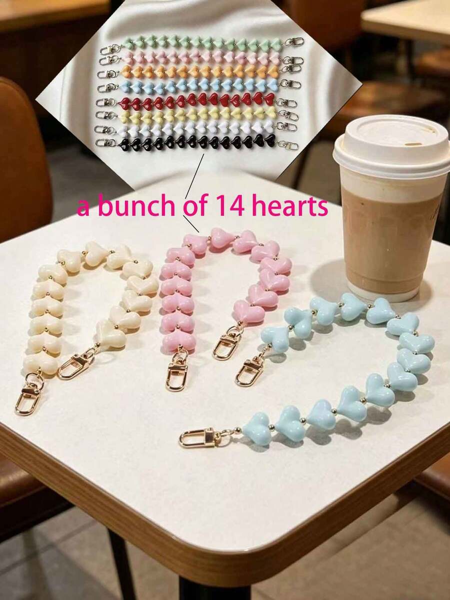 1pc Fashionable Acrylic Pink/Beige/Light Blue Heart Beaded Bracelet, Suitable For Phone Lanyard, Short Valentine's Day Heart-Shaped Beaded Phone Strap, Handbag Chain - Multicolor - View 1