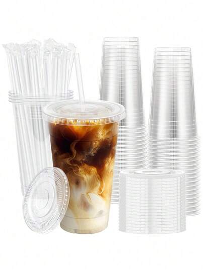 90/60/30个装 600毫升一次性透明塑料杯，带盖和吸管，适用于冰咖啡、冰沙和冰饮