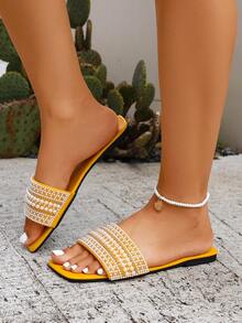 2026 New Flat Slide Sandals/Solid Color, Flat Design, Shiny Vamp, Exquisite Rhinestone Decor, Easy Slip-On, Easy Clean, Elegant & Refined, Fashion Versatile, Suitable For Daily Wear, Shopping, Dating, Vacation, Travel - Yellow - View 10