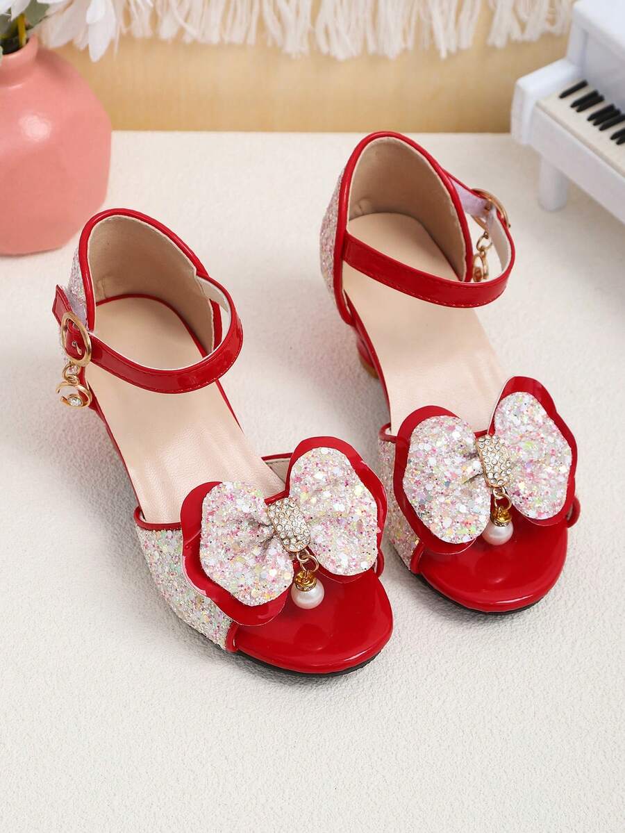 1 Par de Sandálias de Salto Alto com Glitter Degradê e Strass para Meninas, Decoração com Laço e Pingente de Pérola em Camadas Duplas, Sandálias Retrô de Princesa Vermelha para Crianças Grandes, Adequadas para Festa, Apresentação, Combinação de Looks, Dama de Honra - Vermelho - Visão 1