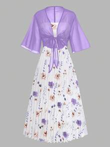 Ensemble deux pièces robe et veste en mousseline de soie avec imprimé tournesol élégant pour femme, tenue de plage gracieuse pour vacances - Prune - Voir 4