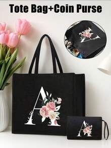 Women's Printed White Letter A-Z Tote Bag, Large Capacity Shoulder Bag, Foldable Durable Shopping Bag, Portable Handbag, Travel Cosmetic Bag, Coin Purse, Suitable For Vacation, Party, Shopping, Work Commute, Birthday, Mother's Day, Wedding, Spring/Summer - Multicolor - View 9