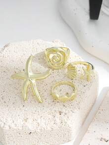 4pcs Ocean Theme Zinc Alloy Rings Set, Creative Starfish, Spiral, Seashell Stackable Rings For Women - Gold - View 4