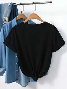 Elegant Casual Floral Print T-Shirt-X - Black - View 2