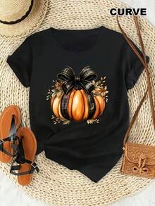 Women's Pumpkin Print T-Shirt - Soft, Breathable, Loose Fit, Crew Neck, And Short Sleeves - Casual Summer And Spring Top With Festive Bow And Leaf Design - Comfortable Wear, Casual Summer Top | Playful Pattern T-Shirt | Soft Textured Shirt-X - Black - View 6
