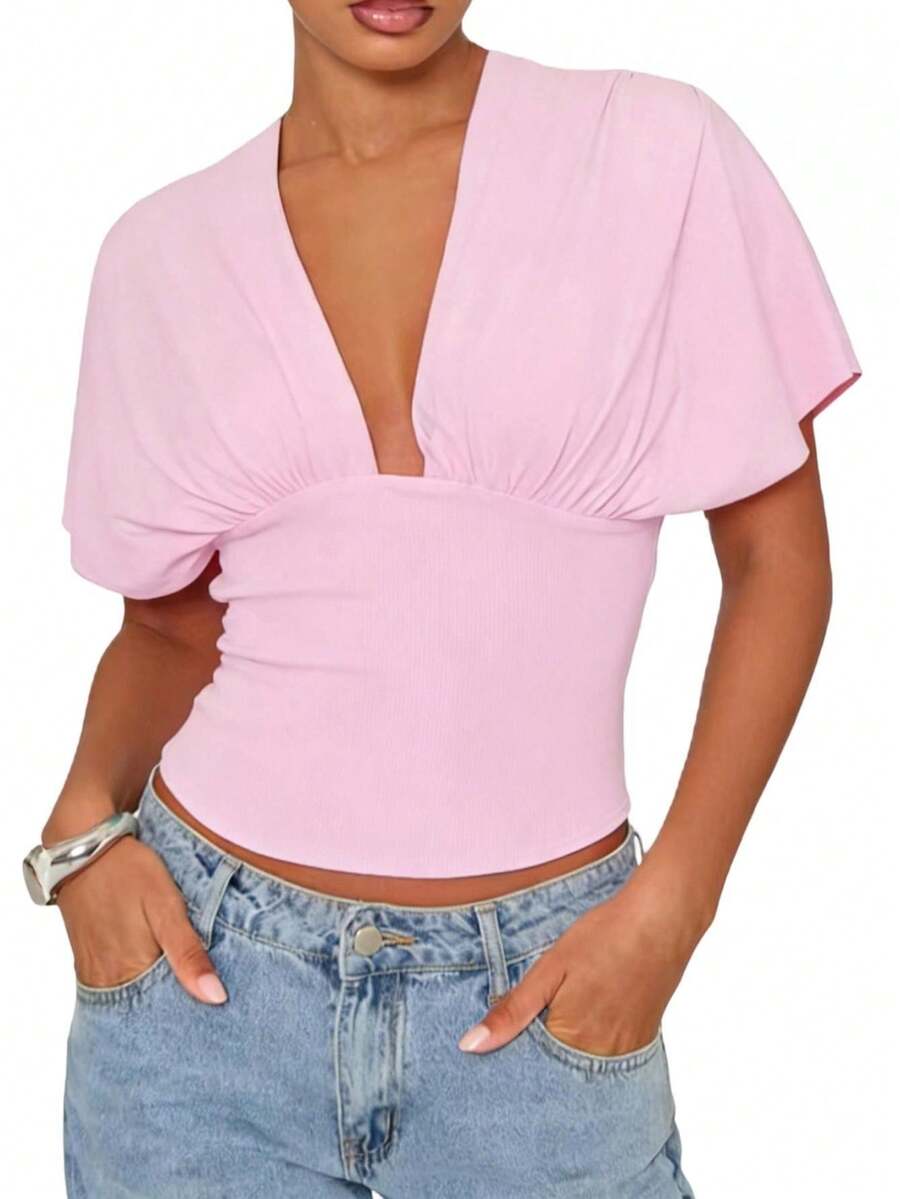 Top corto liso de verano para mujer, sin mangas, con escote en V profundo, corte ajustado, ideal para fiestas y playa. - Rosa - Ver 1