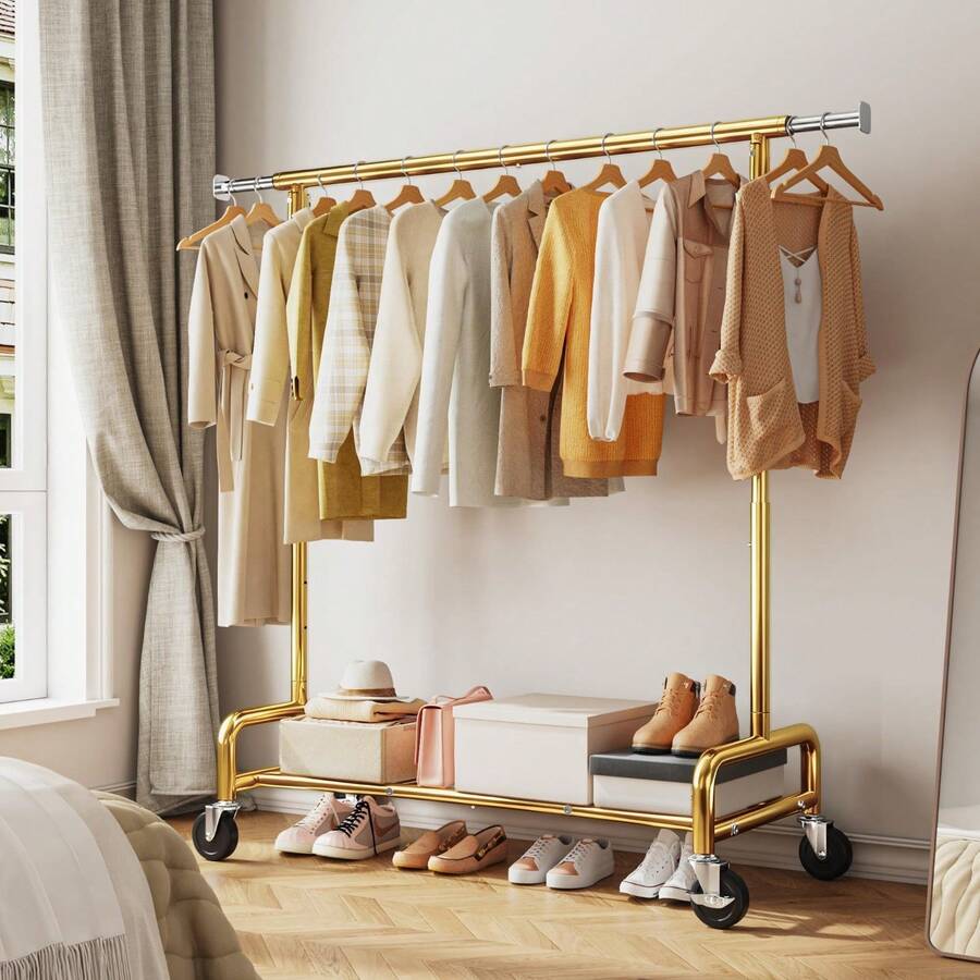 Heavy Duty Clothes Rail With Shelf And Wheels For Bedroom Garment Storage - Gold - View 1