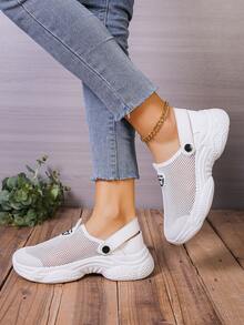 2026新款夏季女士时尚休闲运动鞋，套脚厚底纯色镂空设计透气鞋，网布轻便舒适步行鞋，女鞋 - 白色 - 查看 5