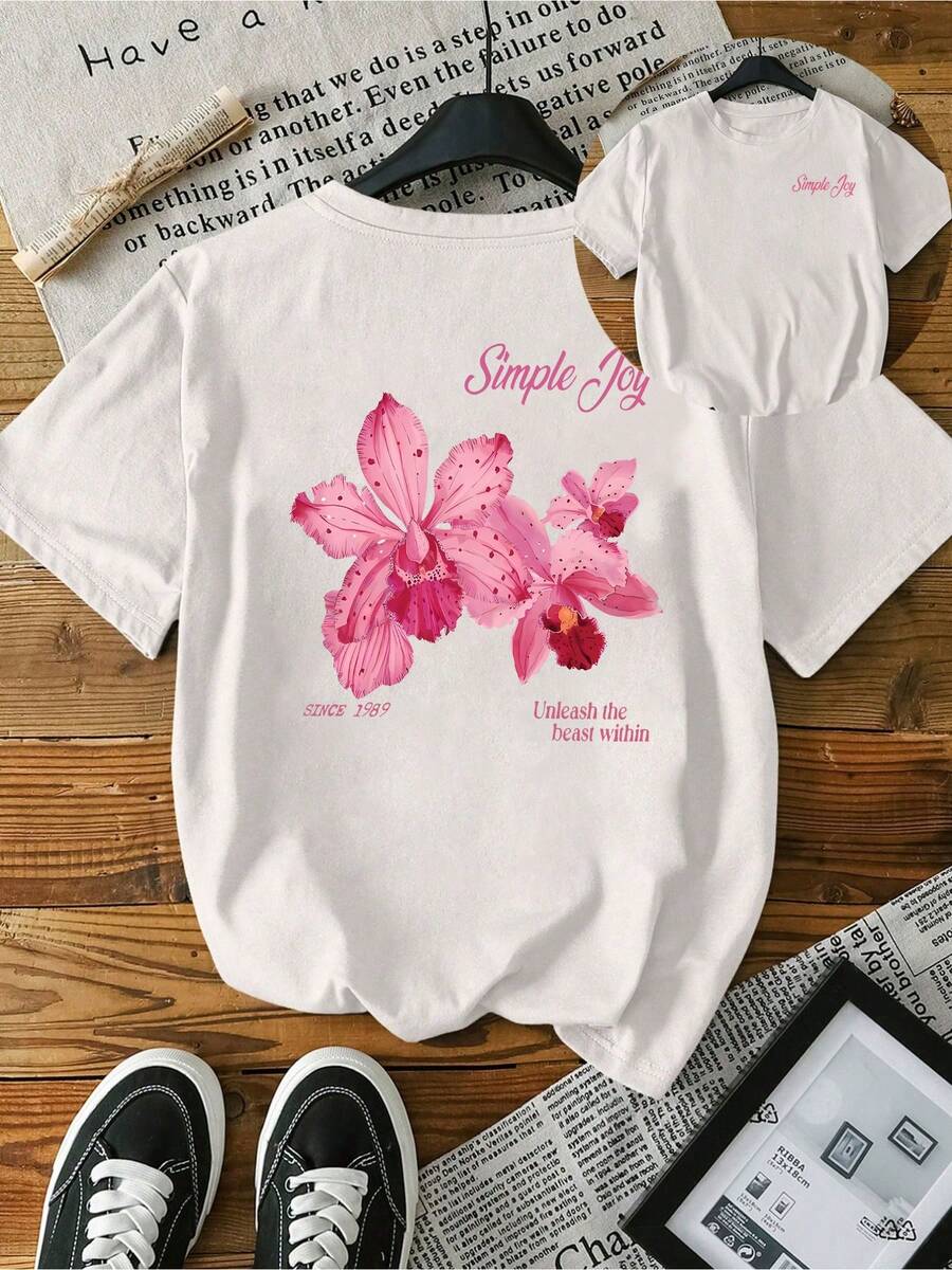 Women's Unique Flower-Patterned Printed Short-Sleeved T-Shirt, Suitable For Leisure Wear In Summer And Spring Seasons. Available In Plus Size. Casual - White - View 1
