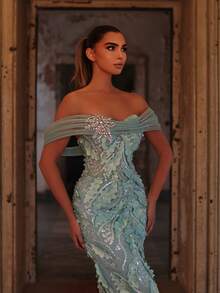 Faeriesty Vestido de noche de lujo con cuentas y lentejuelas, escote hombros descubiertos con broche de cristal en forma de estrella, bordado floral, adecuado para banquetes y celebraciones - Verde - Ver 11