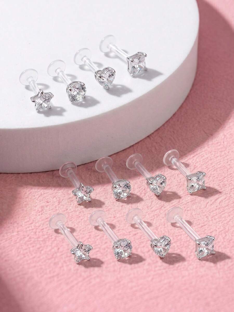 16G 8件装透明唇环耳钉，塑料美杜莎心形星形立方氧化锆唇钉穿刺饰品，推入式耳骨唇钉穿刺耳环，耳骨耳环，耳廓穿刺饰品，耳廓耳环，6mm 8mm 10mm - 無色 - 查看 1