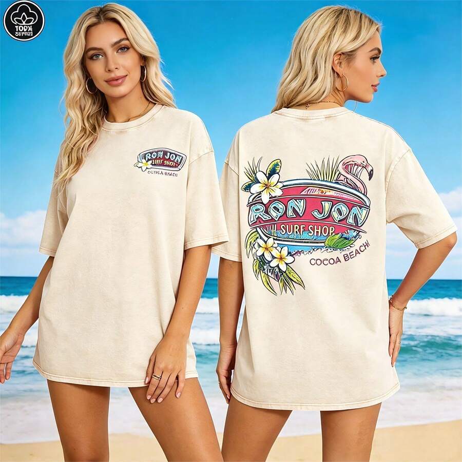 1PC (230 Pure Cotton T-Shirt) Men's T-Shirt, Surf Shop Graphic T - Shirt,Street Style-HD07 Summer Tops Summer Clothes Shirts  Summer Graphic Tees Women T Shirts Summer Tops Outfits Women Summer Outfits For Women Vacation Outfits Women Summer Clothes Summer Outfits For Women - 杏色 - 查看 1