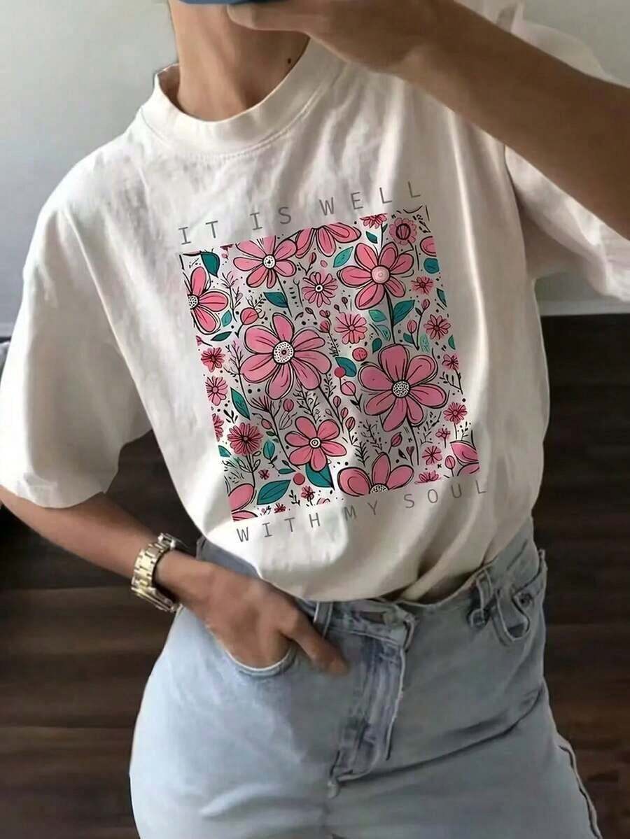 ‌ Camiseta de manga corta para mujer, cuello redondo, holgada, casual y versátil, nuevo estampado floral, ideal como capa base, tejido suave con buena caída-Vintage Street Style Unisex Loose Cotton Short Sleeve Crew Neck T-Shirt - Blanco - Ver 1