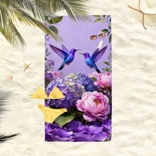 1条夏季花卉蜂鸟沙滩巾，超柔软超细纤维特大号沙滩毯，超强吸水浴巾，适合旅行、游泳池、潜水、冲浪、瑜伽、露营，多种尺寸可选，沙滩、泳池、旅行、露营、瑜伽用品 - 翠鳥 - 查看 3